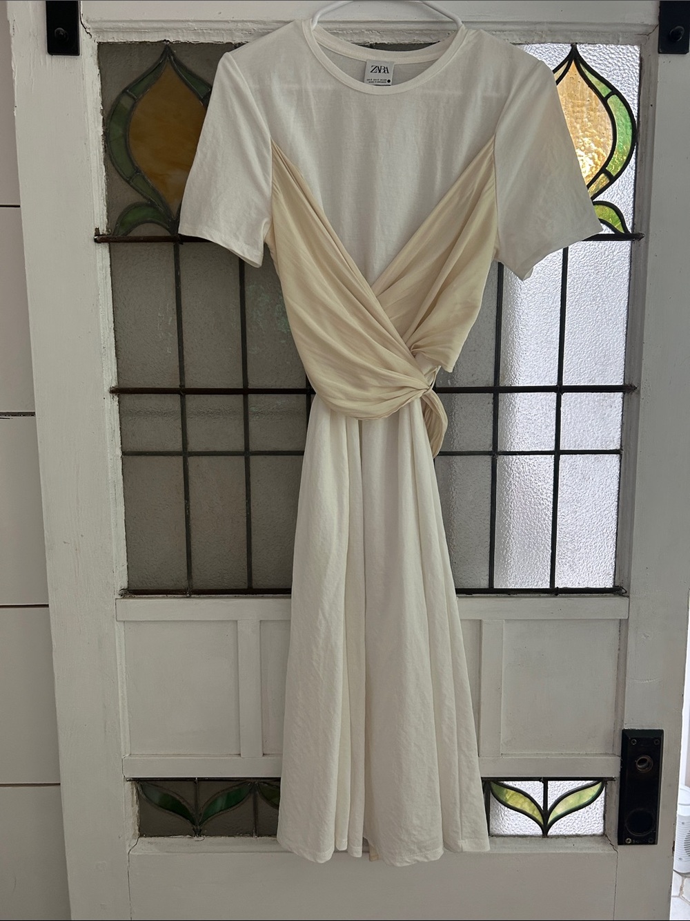 Zara Cream and Ivory Short-Sleeve Midi Dress with Wrap Detail